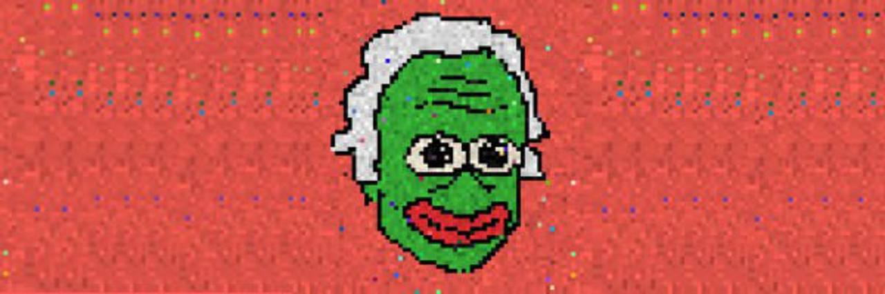 Dawkoins character: pixel-art green face with white hair on a red-orange background
